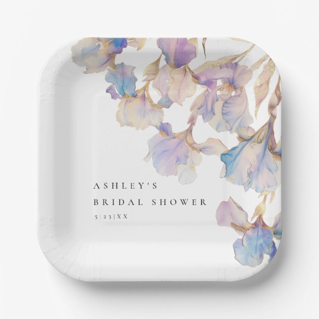Elegant Iris Floral Bridal Shower Paper Plates (Front)