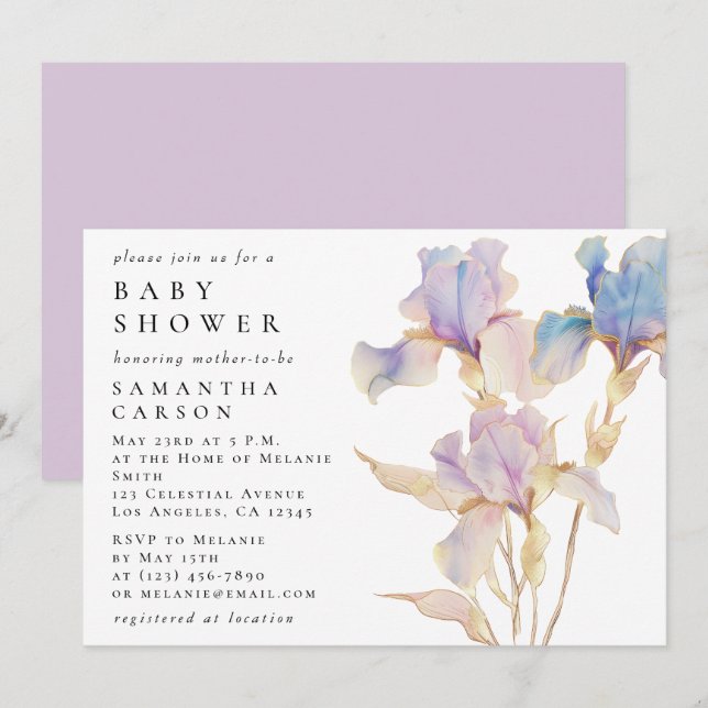 Elegant Iris Floral Watercolor Baby Shower Invitation (Front/Back)