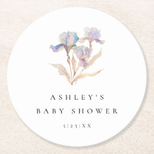 Elegant Iris Floral Watercolor Baby Shower Round Paper Coaster