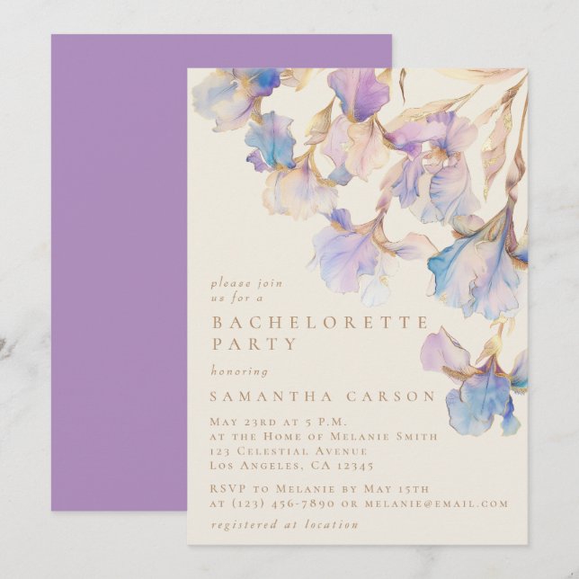 Elegant Iris Floral Watercolor Bachelorette Party Invitation (Front/Back)