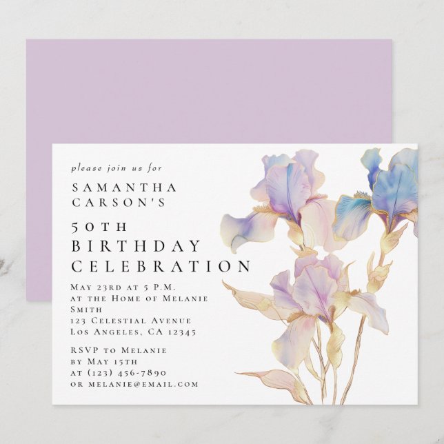 Elegant Iris Floral Watercolor Birthday Party Invitation (Front/Back)