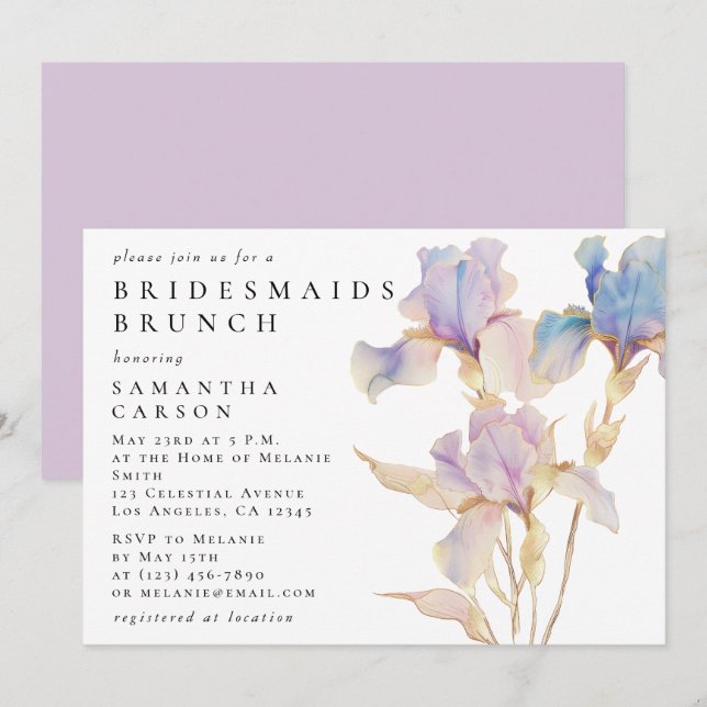 Elegant Iris Floral Watercolor Bridesmaids Brunch Invitation (Front/Back)