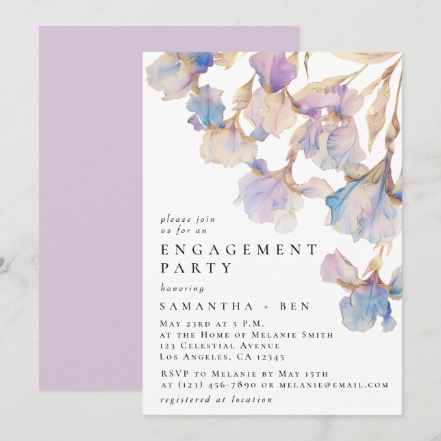 Elegant Iris Floral Watercolor Engagement Party Invitation (Front/Back)