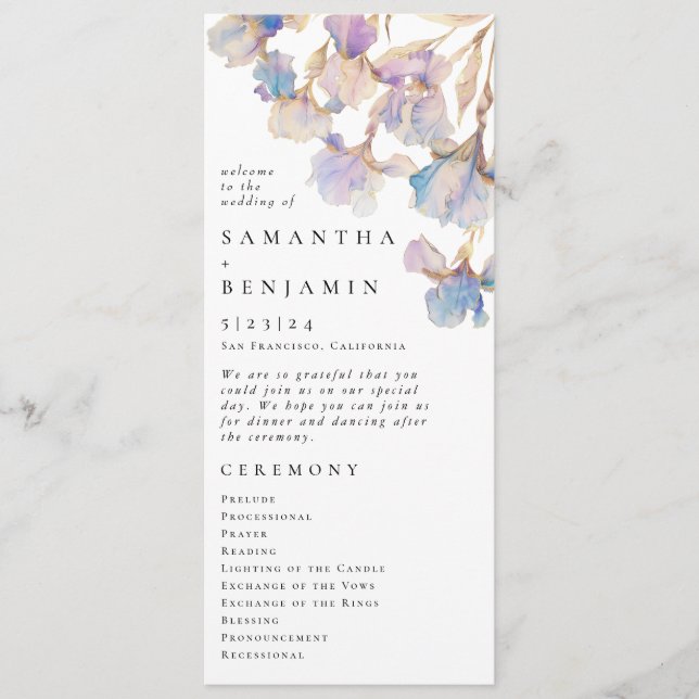 Elegant Iris Floral Wedding Flat Program (Front)