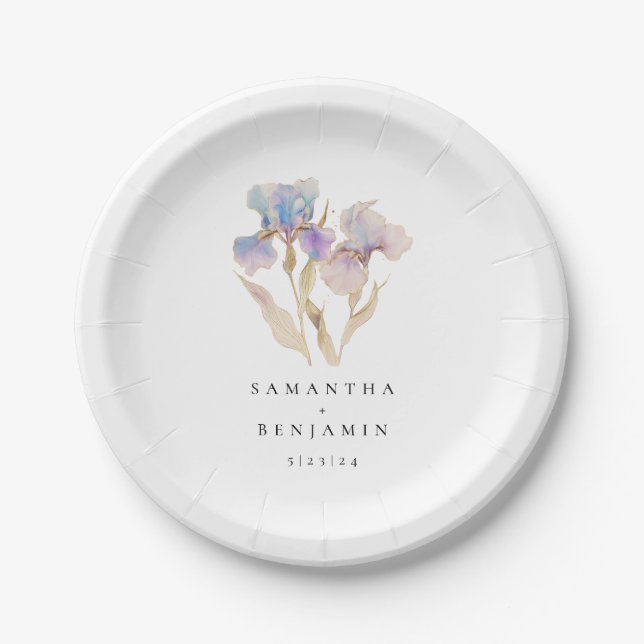 Elegant Iris Floral Wedding Paper Plates (Front)