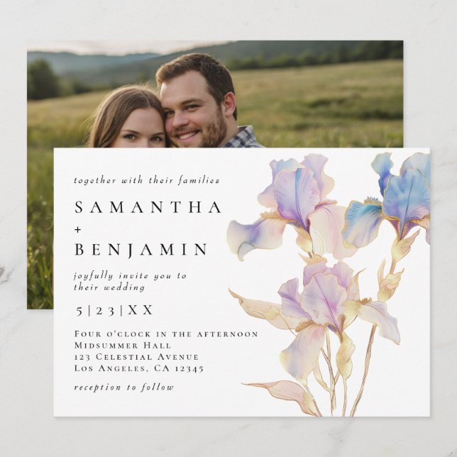 Elegant Iris Floral Wedding Photo Invitation (Front/Back)