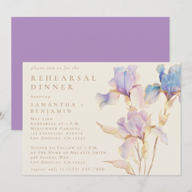 Elegant Iris Floral Wedding Rehearsal Dinner Invitation (Front/Back)