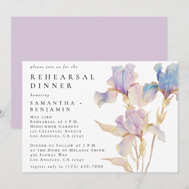 Elegant Iris Floral Wedding Rehearsal Dinner Invitation (Front/Back)
