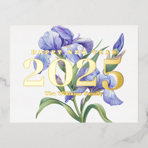 Elegant Iris Flower Happy New Year 2027 Gold Foil Holiday Postcard