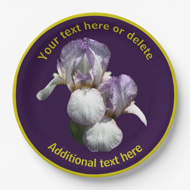 Elegant Iris Flowers Personalized Party Paper Plates (Front)