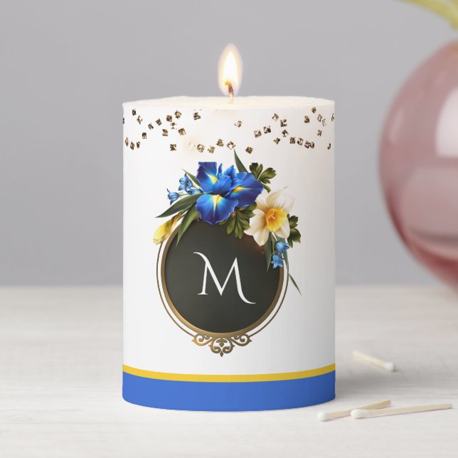Elegant Irises Monogrammed Short Pillar Candle (In Situ)