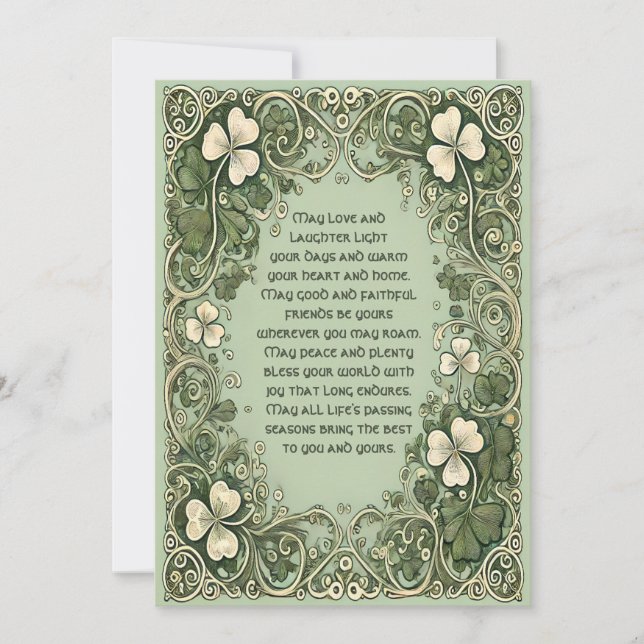 Elegant Irish Blessing with Celtic Shamrock Border Holiday Card (Front)