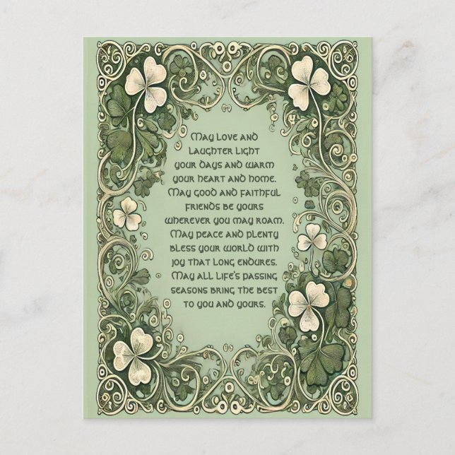 Elegant Irish Blessing with Celtic Shamrock Border Holiday Postcard (Front)