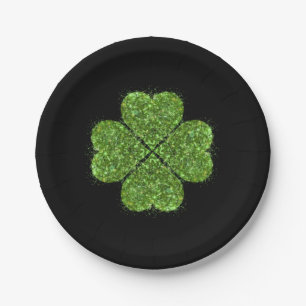 Elegant Irish green glittering 4 leaf clover Paper Plates