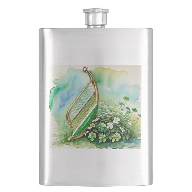 Elegant Irish Harp & Shamrock Hip Flask - Celtic H (Front)