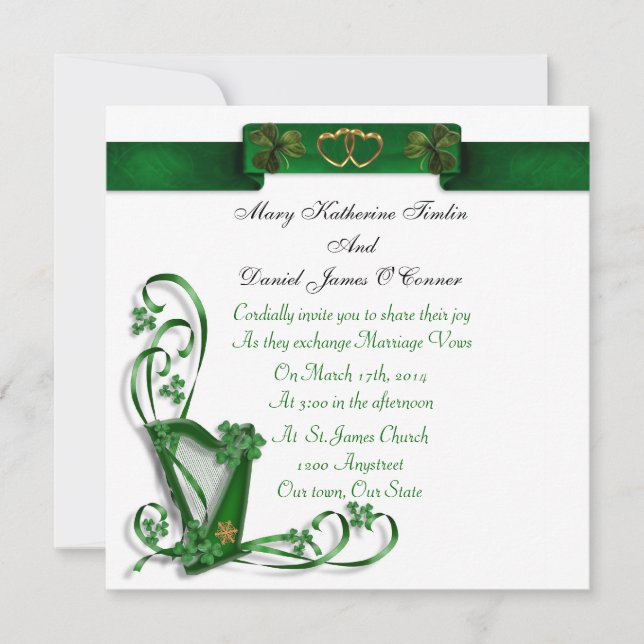 Elegant Irish Wedding invitation Harp (Front)