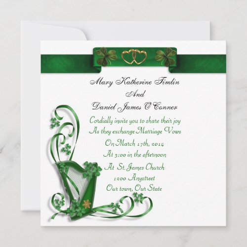 Irish Wedding invitation Harp shamrocks and ribbon