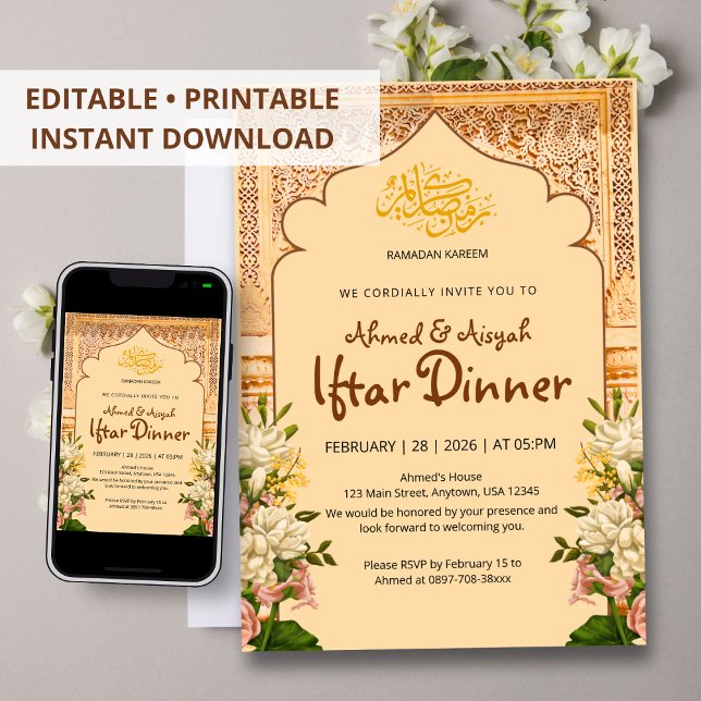 Elegant Islamic Arch Floral Iftar invitation (Creator Uploaded)