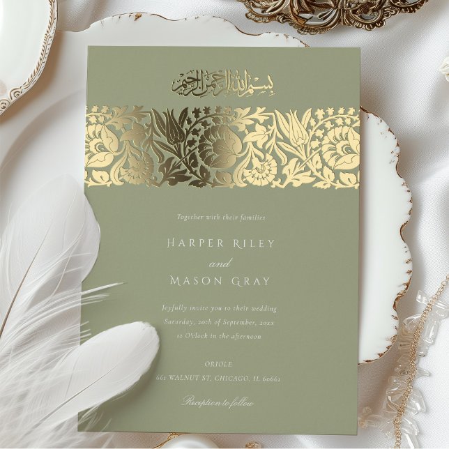 Elegant Islamic Floral Wedding Gold Sage Green Foil Invitation (Creator Uploaded)