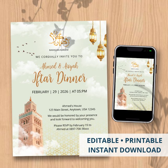 Elegant Islamic Golden Lantern & Mosque Iftar Invitation (Creator Uploaded)