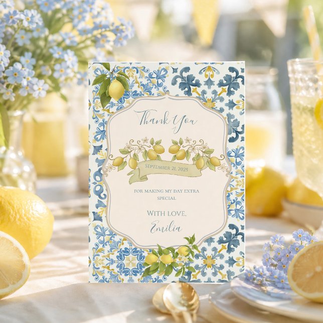 Elegant Italian Blue Tile Lemon Thank You Card (Creator Uploaded)