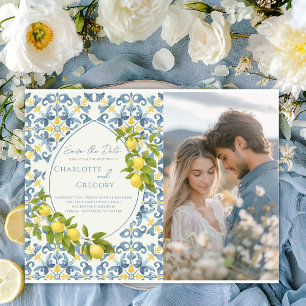 Elegant Italian Blue Tile Lemon Wedding Announcement Postcard
