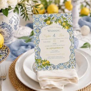 Elegant Italian Blue Tile Lemon Wedding Invitation