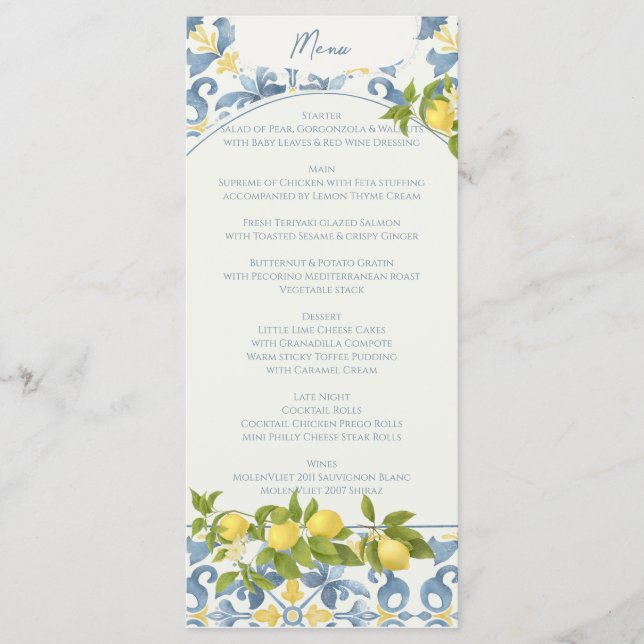 Elegant Italian Blue Tile Lemon Wedding Menu (Front)