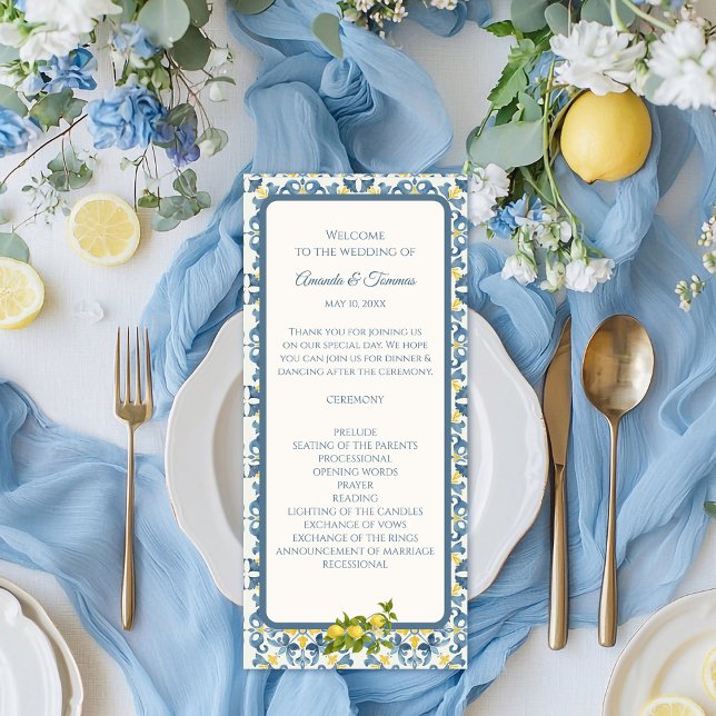 Elegant Italian Blue Tile Lemon Wedding Program (Creator Uploaded)