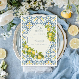 Elegant Italian Blue Tile Lemon Wedding RSVP Card