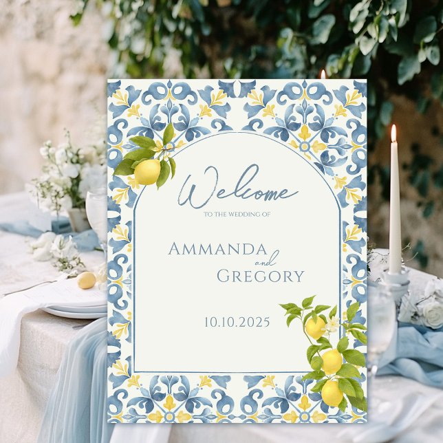 Elegant Italian Blue Tile Lemon Wedding Welcome Foam Board (Creator Uploaded)