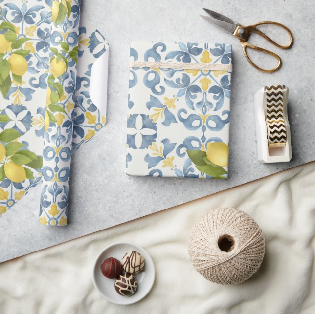 Elegant Italian Blue Tile Lemon Wedding Wrapping Paper (Crafts)