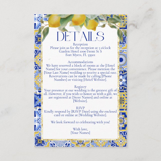Elegant Italian Blue Tile Lemons Citrus Wedding Enclosure Card (Front)