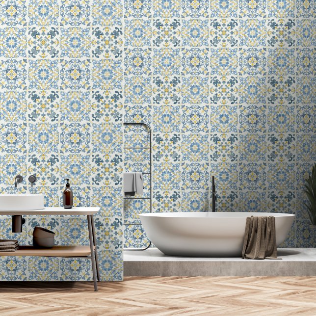 Elegant Italian Blue Tile Wallpaper (Bathroom)