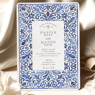 Elegant Italian Blue Tile Watercolor Wedding Invitation