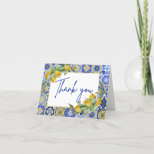 Elegant Italian Blue Tiles Lemon Citrus Script Letterpress Thank You Card