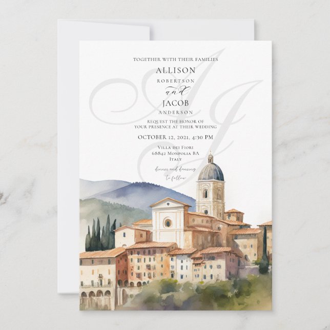 Elegant Italian Monogram Destination Wedding Invitation (Front)