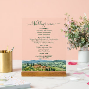 Elegant Italian Vineyard Wedding Menu Acrylic Sign