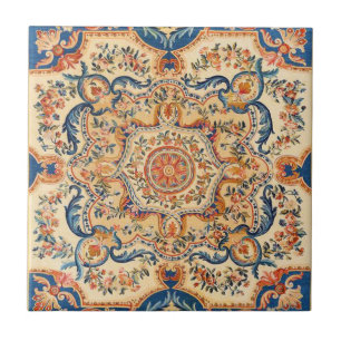 Elegant Italian Vintage Baroque Blue Orange Ceramic Tile