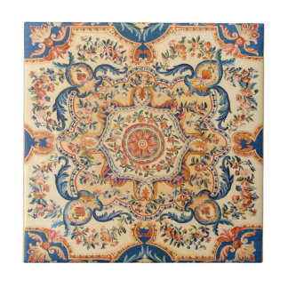 Elegant Italian Vintage Baroque Blue Orange Ceramic Tile