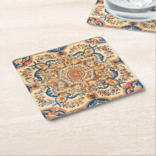 Elegant Italian Vintage Baroque Blue Orange Square Paper Coaster