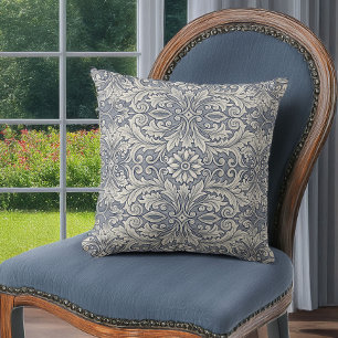 Elegant Italianate Damask in Slate Blue and Cream Throw Pillow