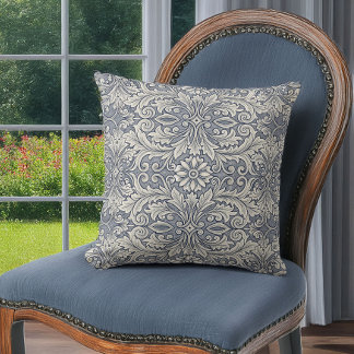 Elegant Italianate Damask in Slate Blue and Cream Throw Pillow