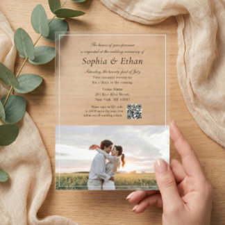 Elegant Italic Script Photo QR Code Acrylic Invitations