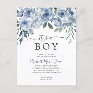 Elegant It's a Boy Dusty Blue Floral Baby Shower Postcard