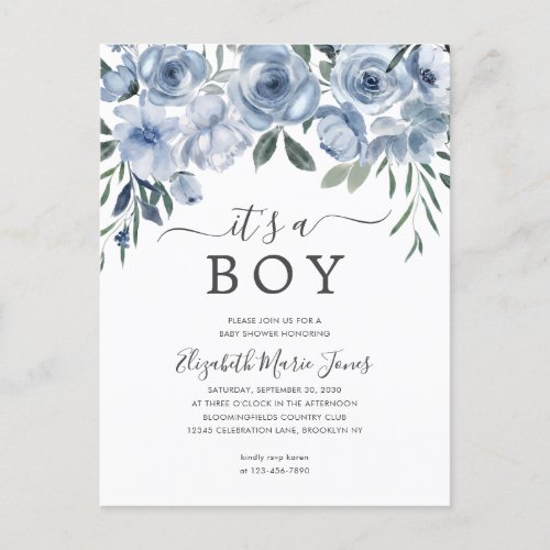 Elegant Its a Boy Dusty Blue Floral Baby Shower Postcard