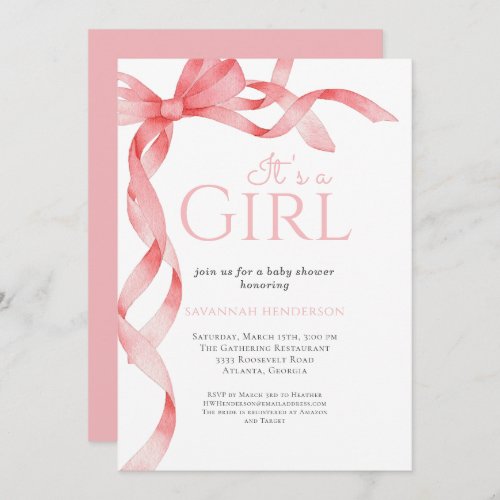 Elegant Its a Girl Pink Bow Baby Shower Invitation