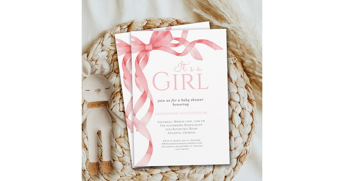 Elegant It's a Girl Pink Bow Baby Shower Invitation | Zazzle