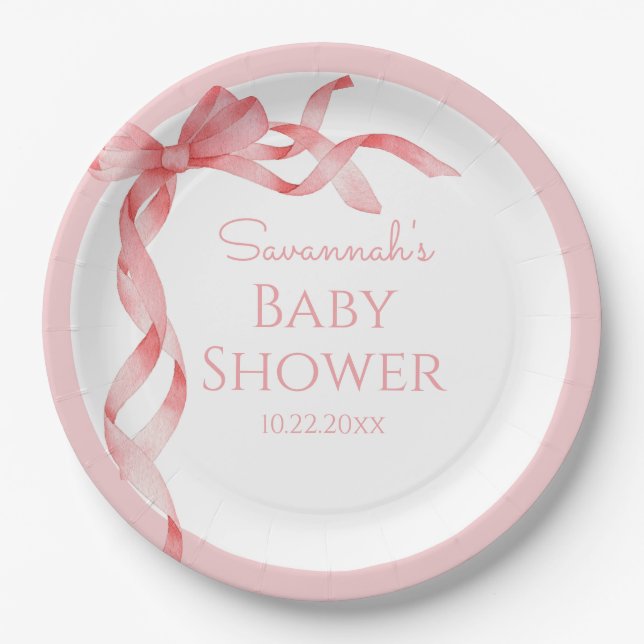 Elegant It's a Girl Pink Bow Baby Shower  Paper Plates (Front)