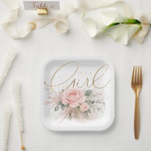 Elegant "It's a Girl" Watercolor Rose and Gold Paper Plates